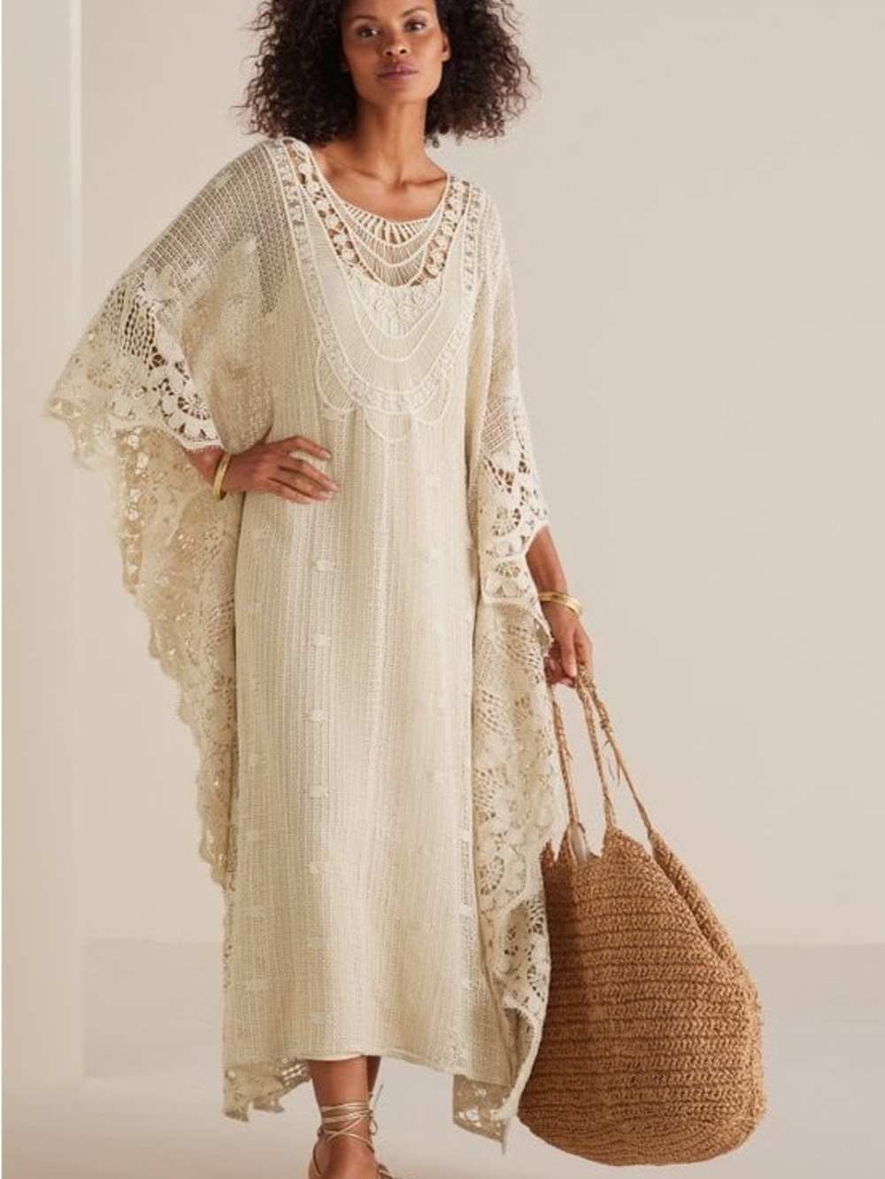 Soft Surroundings Martinique Breeze Cream Lace Caftan Crochet Dress SZ S/M